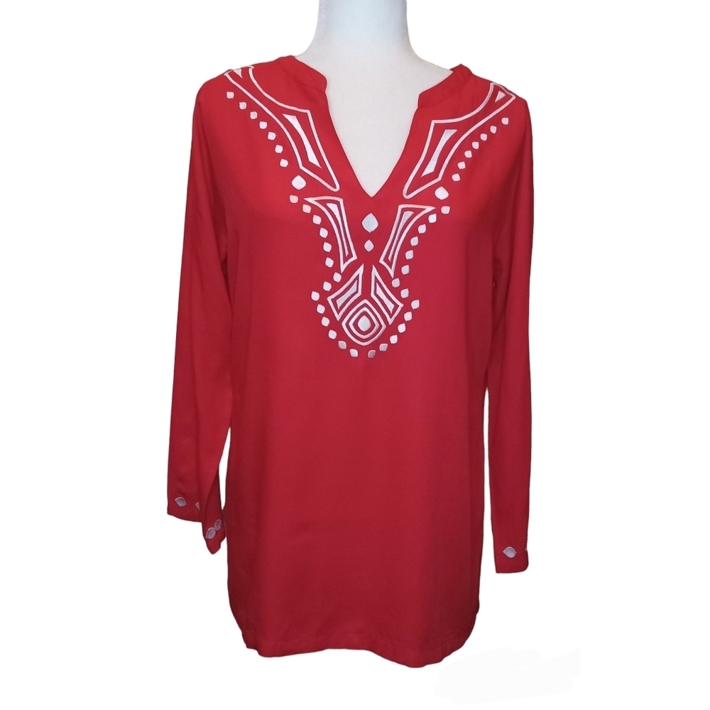ESCAPADA RED  LONG SLEEVE EMBROIDERED TUNIC TOP - Like new  SIZE S